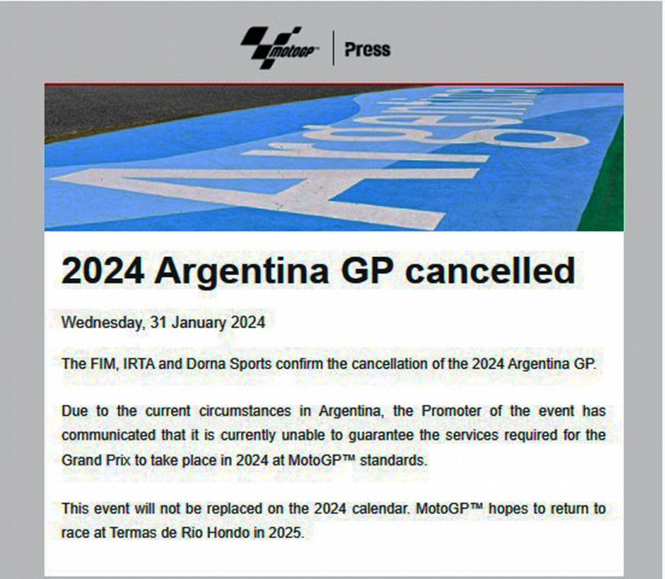 FOTO: No habrá Gran Premio de Argentina de MotoGP en 2024